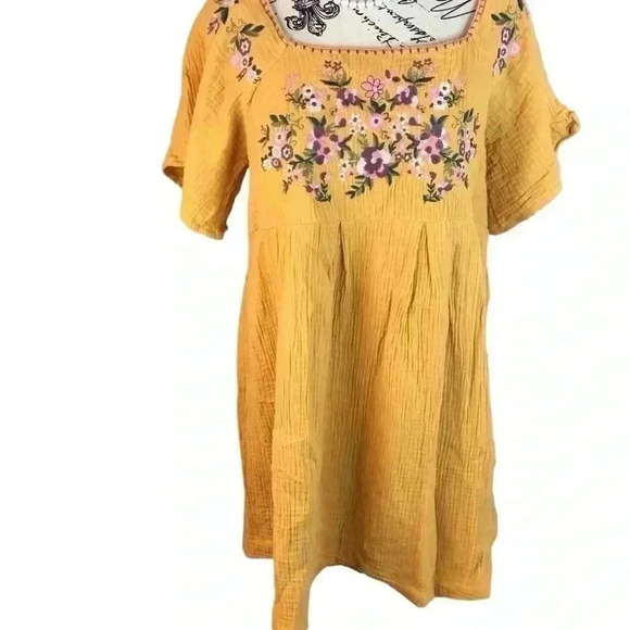 Andre By Unit Womens Medium Peasant Yellow Blouse Embroidered Lined S/S - Picture 1 of 6